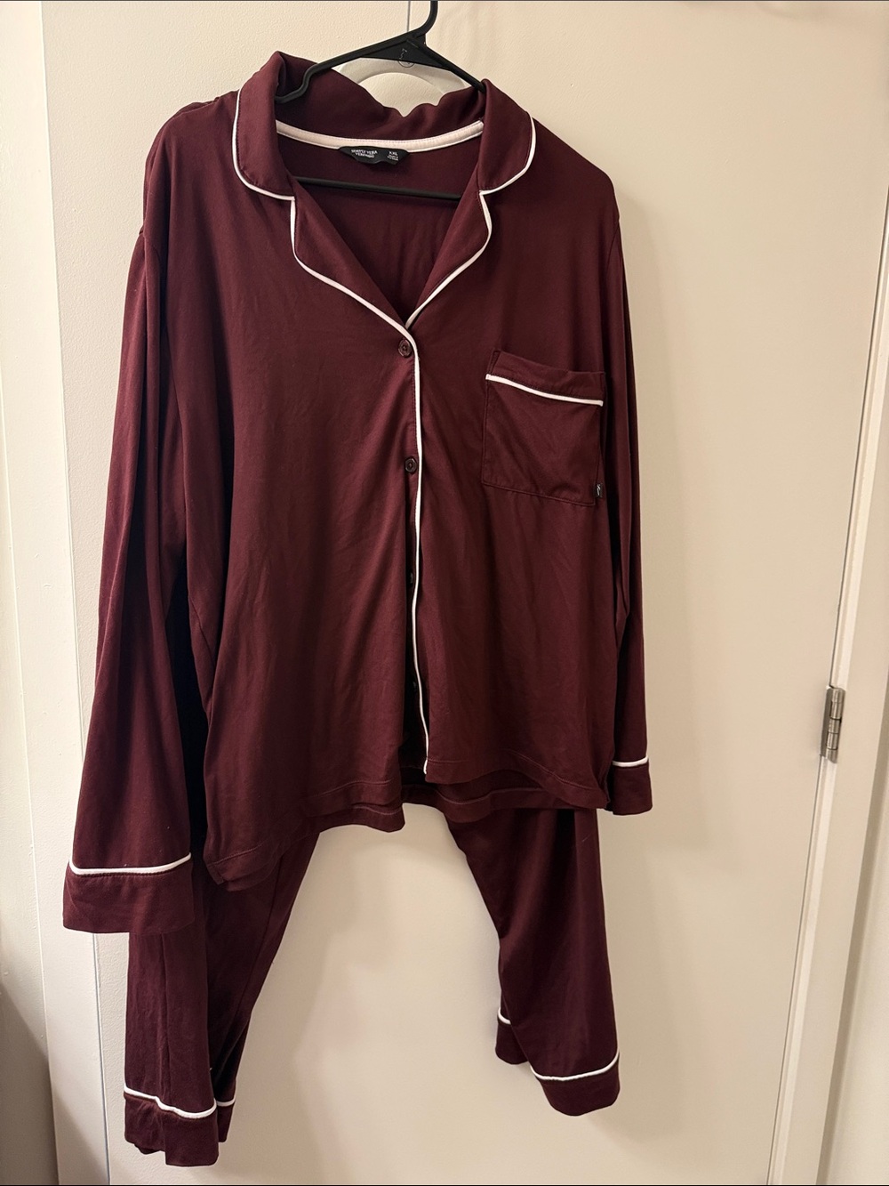 Women's Burgundy Piped Pajama Set - Classic Long Sleeve Sleepwear